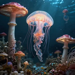 a deep underwater, jellyfish, psychedelic, mushrooms, dream, by dave mckean, artstation