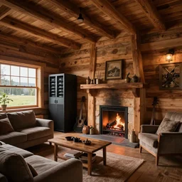 wooden cosy cottage livingroom, datacentre, fireplace, concept art