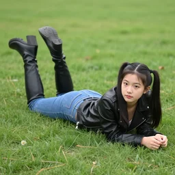 young girl lies on a meadow, she has two ponytails and wears leather jacket, jeans and knee high black boots, sharp focus, photo taken by nikon, 4 k,