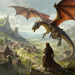 looking up at a dnd wyvern attacking a small village, fantasy art, concept art, realistic