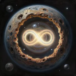 detailed, intricate space art painting of a planet with a hole in the centre, inside the hole is a glowing orb in the shape of an infinity symbol, lens flares, glowing lights, cgsociety, trending on artstation,
