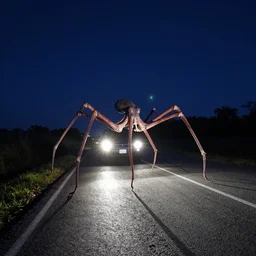 a dashcam footage of a huge long legged octopodal cryptid crossing a country road at night, headlights illuminate the scene, very high contrast lighting