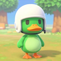 green duck from animal crossing wearing a white helmet