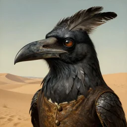 portrait Feathers Eyes Beak face head Exterior Desert Oasis dessicated physique demonic crow wearing a man costume giorgio de chirico Jan Van eyck bastien lecouffe-deharme zdizlaw beksinski odd nerdrum dragan bibin john steuart curry dan witz