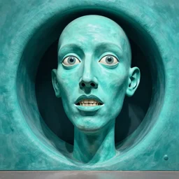 aquamarine by ben shahn wormhole. a beautiful installation art of a giant head. the head is bald & has a big nose. the eyes are wide open & have a crazy look. the mouth is open & has sharp teeth. the neck is long & thin.