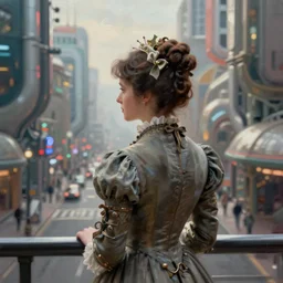 portrait of a victorian lady in a futuristic city, from behind, streets, in the year 1700, highly detailed, digital painting