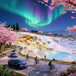 advanced cyberpunk plaza with expensive cars on driveway and pedestrians biking along pamukkale flowing down gold travertine terraces in royal blue antelope canyon during sakura season on an interstellar aurora borealis, pink waterfalls, lush chic garden, by peter mohrbacher, james jean, james gilleard, greg rutkowski, vincent di fate, rule of thirds, octane render, beautiful landscape