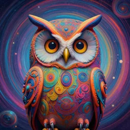 a portrait of a psychedelic cat owl figure by naoto hattori, android jones and chris dyer, deep bold colors, galactic entity, depth of field, intricate beautiful painting, billions of details, octane render, portal, 8 k, trending on artstation