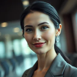 a portrait photograph of a smug vampire like woman executive in a board room, black hair, dof, sharp focus, slight smile, pale, highly detailed face, symmetric face, 4 k, cinestill 8 0 0 t, exif, raw, photography by andreas franke