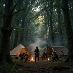atmospheric cinematic artwork of Robin Hood and his outlaws in their camp in Sherwood forest, dusk, sun rays through the trees by Greg Rutkowski, 4k, masterpiece