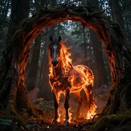 dramatic digital art of a nightmare horse on fire standing in a natural forest archway, dramatic back lighting, inspired by the art of larry elmore