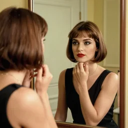 Colleen Moore 25 years old, bob haircut, looking in a mirror, portrait by Patrick Nagel, 1920s,