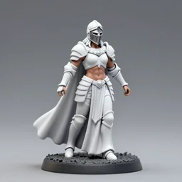 80mm resin detailed miniature of a Queen of war, white armor, iron mask and helmet, Very long white cloak, Very muscular, abdomen, olive skin, on textured base; Miniature product Introduction Photos, 4K, Full body; Front view