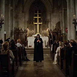 a wide angle movie still from the exorcist ( 1 9 7 3 ) by william friedkin showing the desecration in the church, horror, uneasy and uncanny atmosphere, shot on celluloid, panavision lenses, 3 5 mm film, anamorphic, oscar winning practical effects