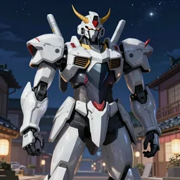 portrait of anime demonic ogre mecha robot armor, japanese town background, starred night sky, sharp details, great lighting, strong shadows, crisp edges, illustration concept art anime key visual trending pixiv fanbox by wlop and greg rutkowski and makoto shinkai and studio ghibli and kyoto animation and macross anime and alphonso mucha