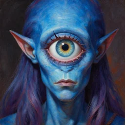 one-eyed single-eyed fantasy blue-skinned Polyphemus concept art with one huge eye. Extremely high detail, details, realistic, fantasy art, solo, masterpiece, full-face portrait painting, saturated colors, art by Arthur Rackham, Muzinabu, Johann Tischbein