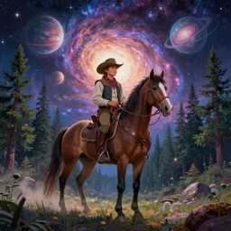 psychedelic, trippy, cowboy, pine forest, galaxy horse, planets, milky way, cartoon by rob gonsalves