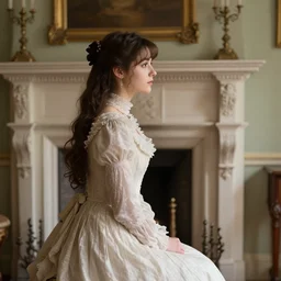 portrait of a young victorian lady with a long cute beautiful dress in a beautiful victorian room looking inside of a victorian fireplace, high quality by jeremy mann, only one head single portrait