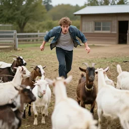 scared guy running away from a pack of goats at the farm