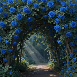 a beautiful canopy of leaves and blue roses  , Digital Matte Illustration by RHADS and asher brown durand