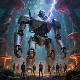 giant biomechanical robot inside otherworldly fungi forest, rim lightning, neil gaiman, maria panfilova, andrea savchenko, mike kime, ludovic plouffe, qi shengluo, oliver cook, julian calle, eddie mendoza, trending on artstation