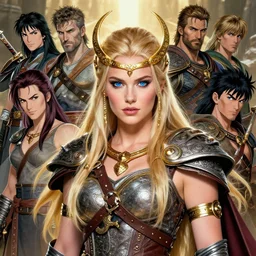 a beautiful blonde valkyrie wearing a viking outfit with viking jewelry and accessories by karol bak, ayami kojima, yoshitaka amano, olivier ledroit, ruan jia, charlie bowater, tom bagshaw, make up, blue eyes, golden hora, god of war concept art, fantasy