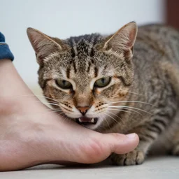 photograph of a cat biting someone’s foot, portrait, close up, shallow depth of field, 40mm lens