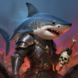 knight with the head of a shark, death in battle, fantasy, digital painting, dramatic lighting, vibrant setting, realistic shading, unreal engine 5, concept art, ultra detailed, trending artstation