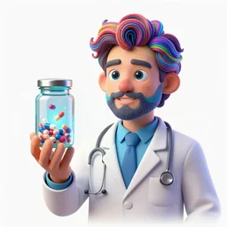intricate pop art 3D color psychedelic portrait of a doctor holding a jar of illuminated pills floating inside