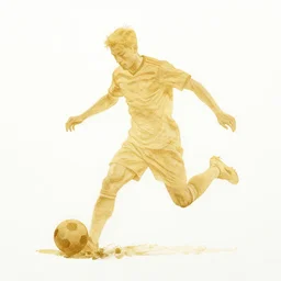 beautiful serene soccer player, healing through motion, minimalistic golden ink airbrush painting on white background