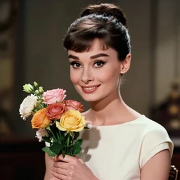 portrait of audrey hepburn smiling with flowers in hands. sharp focus, cinematic pose, cinematic lighting, unreal engine render. art by josan gonzales and moebius and deathburger.
