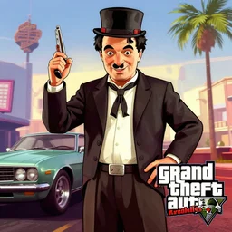 Charlie Chaplin in Grand Theft Auto 5 cover art, epic, 4k resolution, extremely detailed, very sharp, artstation, digital art, vibrant,