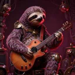 a steampunk sloth playing a guitar solo style of beksinski, intricate composition, magentaby caravaggio, highly quality, highly detailed, masterpiece, red light, artstation