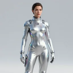 octane render by wayne barlow and carlo crivelli and glenn fabry, a woman in a skintight silver shining spacesuit with colorful iridescent detailing, covered in bright colorful alien flora and fauna inside a massive cavernous metal dome, cinema 4 d, ray traced lighting, ultra - detailed