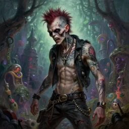 fantasy painting with a tattooed punk rock zombie male in a surreal magical environment by Greg Rutkowski and Michael Whelan w 1024