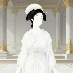 Cleopatra in her palace, beautiful woman, japanese style, by Akihiko Yoshida, Kenny McBride, intricate, elegant white dress, vibrant, pretty face, red white background, fine details, perfect, gold decorations, 8k high detail, masterpiece, by