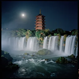 kodak portra 4 0 0 photo of detailed ancien chines tower, with waterfalls and river, night, moonlight, trending on pinterest, wide angle, 3 5 mm, sharp focus, soft light, volumetric light, in the style of gregory crewdson, masterpiece