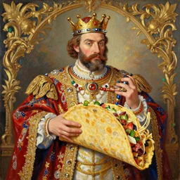 the royal king's taco by greg hildebrant lisa frank fancy rococo baroque regal oil painting high quality award winning clothed in fancy garb