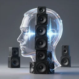 3 d man's head made of speaker stacks. 🔈 polyphonic pulse projections, liquid light, metallic, galactic, crystalline edges, elegant, centered hyperrealistic, octane render, inspired by james jean, okuda sam miguel, android jones, beeple, rhads nvidia raytraving demo, 8 k