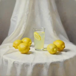 lemons and a glass of lemonade, dramatic lighting, white draping tablecloth, oil painting, pale colors, high detail, 8 k, wide angle, trending on artstation,
