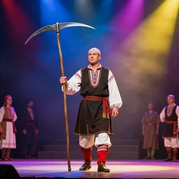 festival on a stage, man with scythe, traditional romanian clothing, dramatic lighting, beautiful, volumetric lighting, colorful