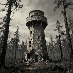 a stone brutalism firewatch tower in burned forest in style of dark souls landscape