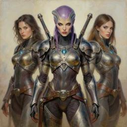 portrait of beautiful alien warrior in power armor. intricate painting by ross tran, magali villeneuve, and jeremy mann.
