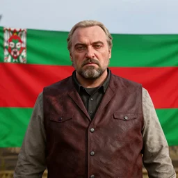 Alexander Lukashenko with the belarussian flag in the background in Red Dead Redemption 2