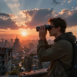 wanderer with night vision goggles, dramatic light, sunset, sunrays, cyberpunk city in the background, ruins, buildings, dystoptian, gorgeous view, depth, painted by Caspar David Friedrich, gateway, clouds, tending on artstation