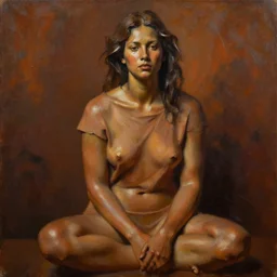 detailed full body portrait in strong femininity, ethnic, realistic face sculpted features, statuesque model, plain untucked shirt, seated, tousled hair, warm cast, bathed in light, filmic, chiaroscuro, bas relief, specular highlights, angular impressionism, radiosity, deep rich tones, contemporary art, oil on canvas