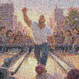 a wholesome urban illustration of a happy cartoon Dwayne Johnson winning at a game of bowling at the bowling alley with a crowd cheering for him, studio Ghibli, Pixar and Disney animation, sharp, Rendered in Redshift and Unreal Engine 5 by Greg Rutkowski, Bloom, dramatic lighting, sunrise