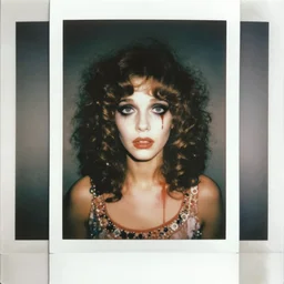 an instant photo of a beautiful but sinister girl in layers of fear, with haunted eyes and curly hair, 1 9 7 0 s, seventies, delicate embellishments, a little blood, crimson, painterly, offset printing technique, mary jane ansell