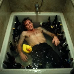 the top shot of the old bathroom where old drunkard ( ( joaquin phoenix ) ) lying in many empty beer bottles in the water, yellow duck, still shot from the movie of stanley kubrick with cinematography of christopher doyle, dark old room, anamorphic, kodak film, sharp focus, realistic, 8 k