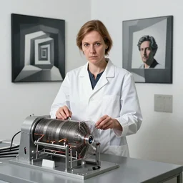 portrait of a void engineer woman setting up samsara generator by mc escher and brecht evens
